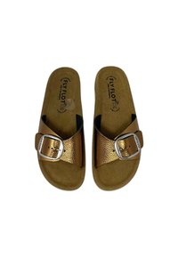 Sandali a scivolo marroni con superficie testurizzata, dotati di una fascia in bronzo metallico e fibbia argento su una soletta anti-shock, con un'inserto simile alla suede.