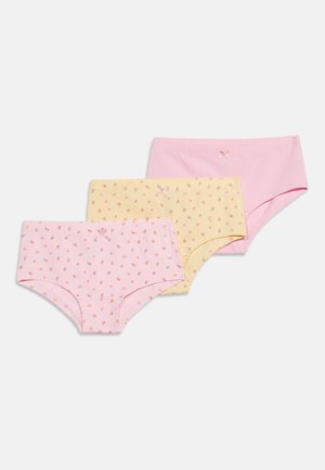 Sous-vêtements style hipster pour trois filles en rose, jaune et rose clair avec petits imprimés floraux et petits nœuds à l'avant.
