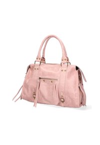 Sac à main synthétique rose avec deux poignées, fermetures éclair, poches externes et finitions en métal doré. Fini doux et texturé.