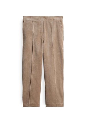 Beige Cordhosen mit vorderen Falten, Seitentaschen und geradem Bein, flach auf einem weißen Hintergrund präsentiert.