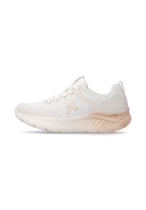 Hellbeige und weiße Sportschuhe mit Mesh-Obermaterial, Schnürverschluss, gepolstertem Schaft, strukturierter Sohle und "R"-Logo an der Seite.