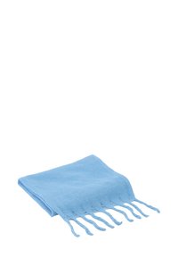 Lichtblauw, zacht stoffen omslag met franjes, rechthoekige vorm en een gladde textuur. Geschikt voor verschillende stijlen en gelegenheden.