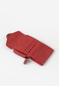 Red leather wallet with a zip closure, interior card slots, smooth texture, and embossed RFID logo. Open design exposes card sections.