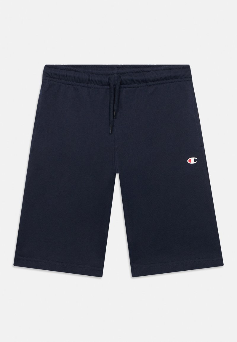 Shorts en coton bleu marine avec une taille élastique, un cordon de serrage ajustable et un logo brodé sur la jambe gauche. Texture lisse.
