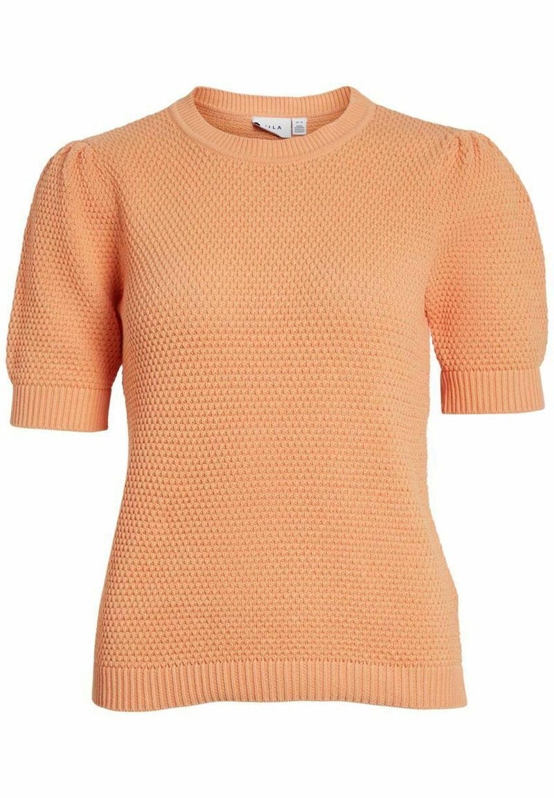 Pull en maille à manches courtes couleur pêche clair, présentant un motif texturé, un col rond et des poignets et ourlet côtelés.