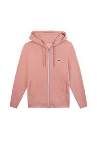 Roze rits hoodie van zacht materiaal, met een voorkant met rits, twee zijzakken en een klein boompje-logo op de linkerkant van de borst.