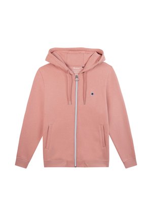 Pink zip-up hoodie made of soft fabric, featuring a front zipper, two side pockets, and a small tree logo on the left chest.