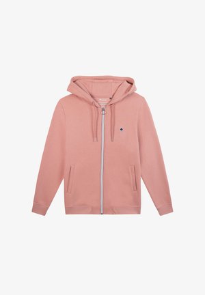 Hoodie rose zippé en tissu doux, avec une fermeture éclair frontale, deux poches latérales et un petit logo d'arbre sur la poitrine gauche.