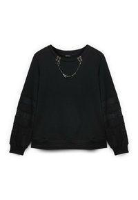 Sudadera negra de manga larga con rayas horizontales transparentes en las mangas y cadenas decorativas plateadas unidas cerca del escote.