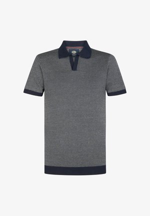 Tricou polo cu mâneci scurte în nuanțe de bleumarin și gri, cu un model tricotat texturat, guler și manșete bleumarin contrastante și o închidere cu trei nasturi.