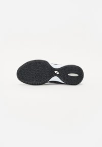 Black rubber shoe sole with a textured pattern, featuring a white accent and logo. Curved shape designed for stability and grip.