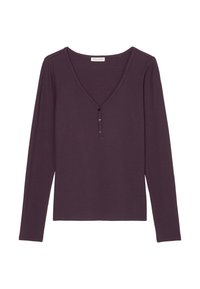 Langermige shirt van donkerpaars geribd materiaal, met een V-hals en drie knoppen langs de knoopsluiting. Eenvoudig ontwerp zonder versieringen.