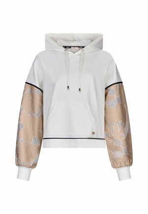 White hoodie with beige floral lace puff sleeves, front pocket, black trim details, and drawstring hood.