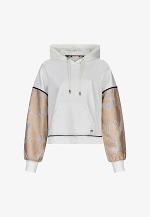 Hanorac alb cu mâneci bufante din dantelă florală bej, buzunar în față, detalii negre pe margini și glugă cu șnur.