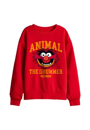 Rotes Sweatshirt mit einem Comic-Gesicht und gelbem Text mit der Aufschrift "Animal The Drummer Since 1976" vorne.