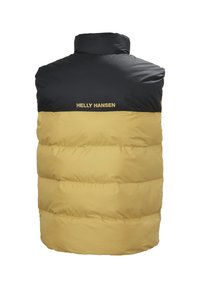 Puffweste mit schwarzem Oberteil und gelbem Unterteil, horizontalen Nähten und goldenem "Helly Hansen"-Logo auf dem Rücken.