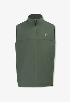 Zielona kamizelka wykonana z gładkiego materiału, z wysokim kołnierzem, pełnym zamkiem błyskawicznym z przodu oraz dwiema bocznymi kieszeniami. Subtelny detal z logo na klatce piersiowej.