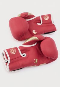 Κόκκινα γάντια πυγμαχίας με χρυσές λεπτομέρειες, με ομαλή εξωτερική επιφάνεια, δομημένο σχήμα και διατρημένες οπές αερισμού. Λευκά ραφικά σημεία.