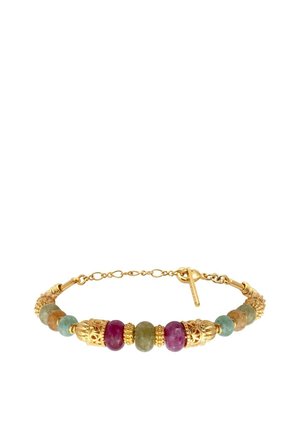 Bracelet en or ornée de pierres précieuses colorées dans des teintes de vert, violet et marron ; accents en or élaborés ; fermoir à bascule avec extension en chaîne.