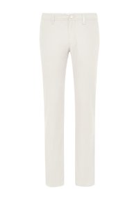 Hellbeige Hosen aus weichem Stoff mit geradem Bein, Knopfverschluss und dezenten Nähten.