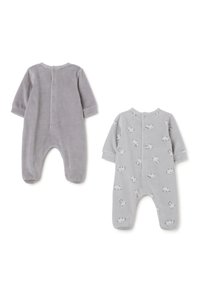Dos bodies para bebé en suave tela gris. Uno liso con botones y el otro con un estampado de panda. Ambos tienen mangas largas y diseño con pies.