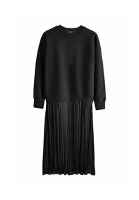 Black dress featuring a long-sleeve top made of smooth fabric and a pleated skirt section, both in solid black, offering a layered appearance.