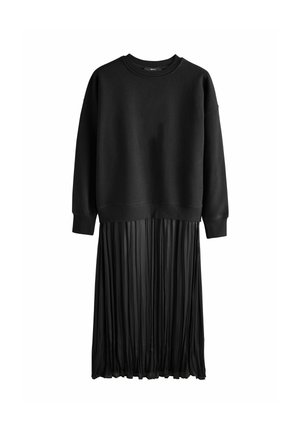 Schwarzes Kleid mit einem langärmeligen Oberteil aus glattem Stoff und einem gefalteten Rockteil, beide in reinem Schwarz, die ein geschichtetes Aussehen bieten.