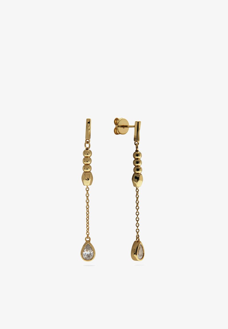 Gouden druppeloorbellen met een schakelkettinkje, drie ronde kralen, één zeshoekige kraal en een druppelvormige heldere edelsteen aan het uiteinde.