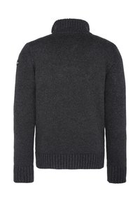 Dunkelgrauer Strickpullover mit hohem, geripptem Kragen. Hat lange Ärmel sowie gerippte Bündchen und Saum für eine strukturierte Optik. Keine Verzierungen.
