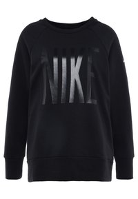 Sweatshirt Nike noir avec un col rond, des manches raglan et un logo "NIKE" réfléchissant en lettres grandes sur le devant. Possède une texture douce.