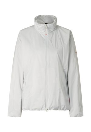 Veste gris clair à col montant avec fermeture éclair à l'avant, manches longues et poches latérales.