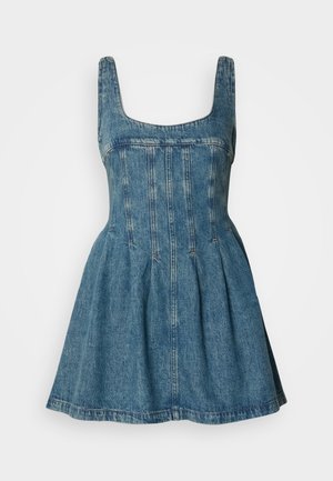 Denim dress with a square neckline, fitted bodice, flared skirt, and a light blue wash. Features vertical seams and slight fading.