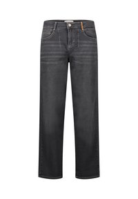 Jeans en denim noir avec une coupe droite, dotés de poches avant, de surpiqûres visibles et d'une fermeture à bouton classique. Texture lisse.