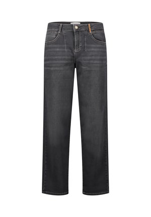 Jeans en denim noir avec une coupe droite, dotés de poches avant, de surpiqûres visibles et d'une fermeture à bouton classique. Texture lisse.