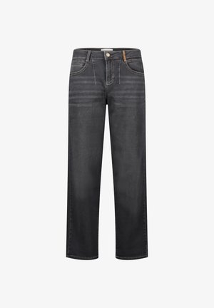 Zwarte denim jeans met een rechte pijpdesign, voorzien van voorzakken, zichtbare stiksels en een klassieke knoopsluiting. Effen textuur.