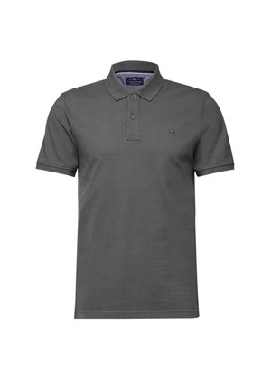 Graues Polo-Shirt mit kurzen Ärmeln, Knopfleiste und kleinem Logo auf der linken Brust. Hergestellt aus glattem, atmungsaktivem Stoff.