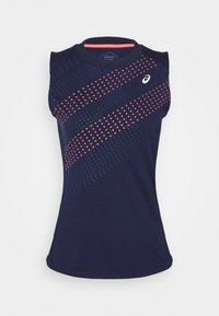 Top de sport sans manches en bleu marine, présentant des points dégradés en bleu et corail. Tissu lisse avec un col rond et un design à ourlet droit.