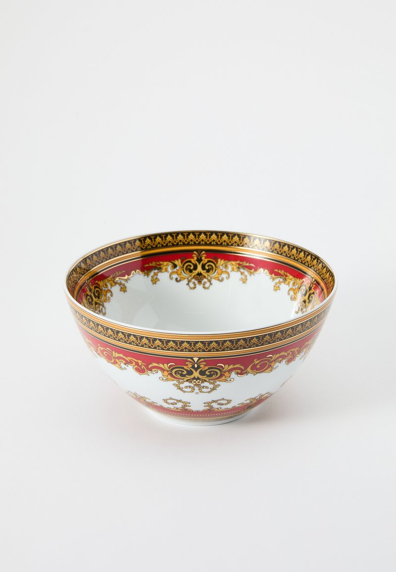 Πορσελάνινο μπολ με περίπλοκο κόκκινο και χρυσό �μοτίβο. Λείος λευκός εσωτερικός χώρος με διακοσμητικές χρυσές λεπτομέρειες κατά μήκος της άκρης.