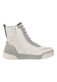 Hochschaft-Sneaker in Creme und Grau, mit einem seitlichen Reißverschluss, strukturiertem Gummisohle und Schnürdesign. Akzentuiert mit gefütterten Paneelen.