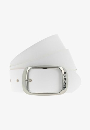 White leather belt with a silver rectangular buckle, featuring brand logo, smooth texture, and spaced holes for adjustable fit.