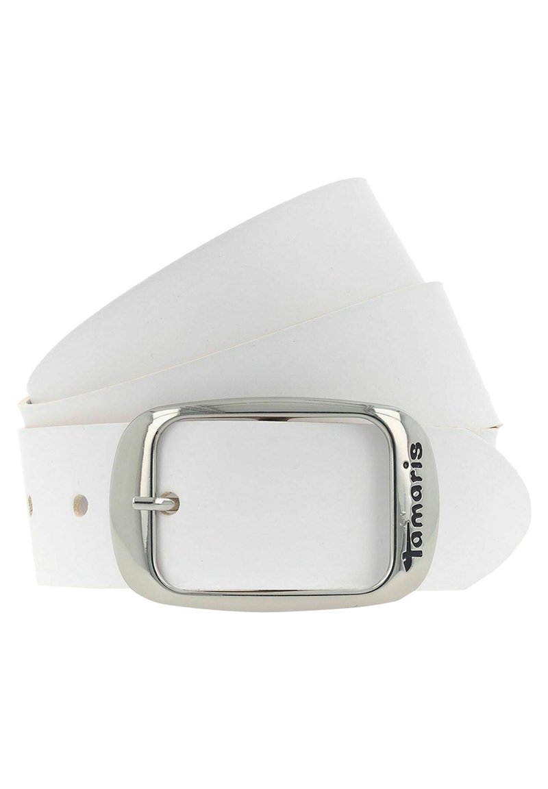White leather belt with a silver rectangular buckle, featuring brand logo, smooth texture, and spaced holes for adjustable fit.