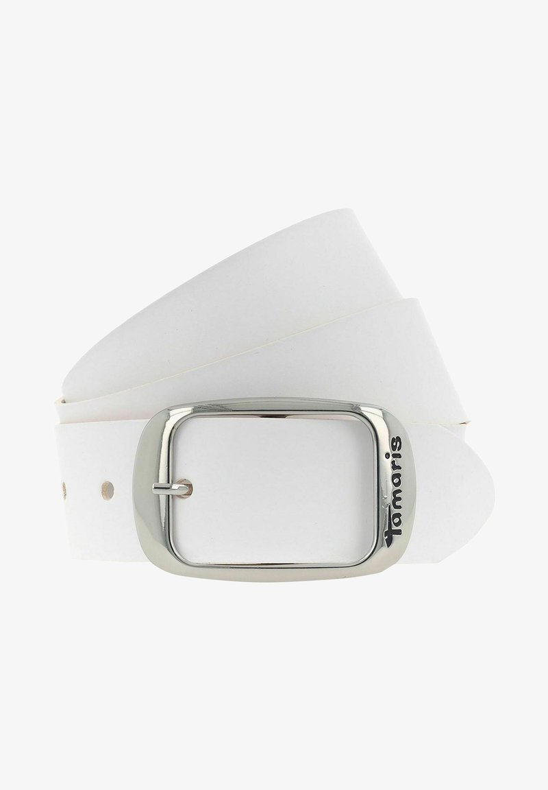 White leather belt with a silver rectangular buckle, featuring brand logo, smooth texture, and spaced holes for adjustable fit.