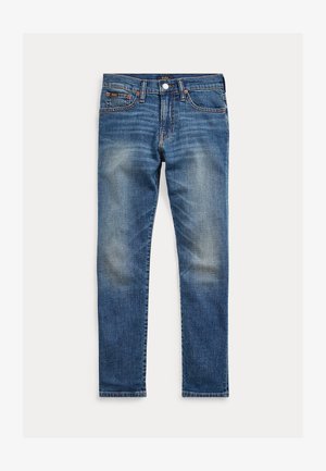 Jeans de denim azul con un diseño de pierna recta. Desgaste ligero en los muslos, detalles de costura y cierre frontal con botón. Estilo clásico de cinco bolsillos.