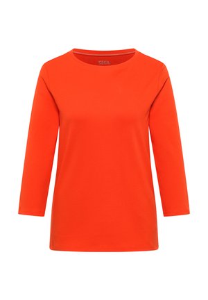 Helles orangefarbenes Langarmshirt mit rundem Ausschnitt und einfachem, schmucklosem Design, dargestellt vor einem schlichten weißen Hintergrund.