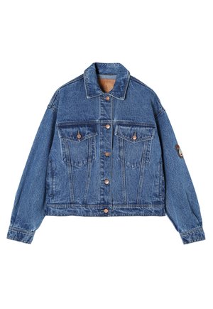 Dunkelblaue Jeansjacke mit klassischem Kragen, zwei Brusttaschen, Kupferknopfverschlüssen und lässigen Ärmeln. Verfügt über sanfte Verwaschungen.