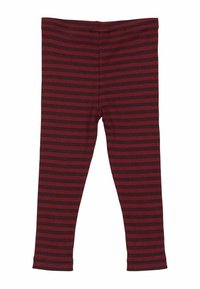Rode en donkergrijze gestreepte legging, gemaakt van geribbeld rekbaar materiaal, met een elastische tailleband en een aansluitend ontwerp.
