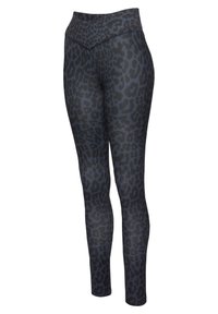 Hoogwaardige zwarte legging met een luipaardprint, met een gladde textuur en een figuuraccentuerend ontwerp. Gemaakt van elastische stof.