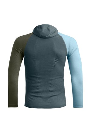 Hooded long-sleeve shirt featuring a color-block design in olive green, dark blue, and light blue. Made of a soft, smooth material with a fitted shape.