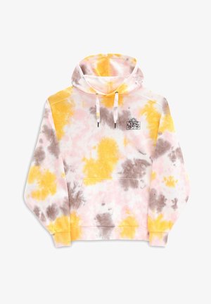 Pehmeä fleecestä valmistettu batikkihuppari. Sisältää pastellin vaaleanpunaisen, keltaisen ja ruskean värejä. Varustettu etutaskulla ja kiristysnauhalla hupulla.