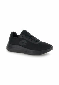 Black athletic shoe made from mesh material, featuring a rounded toe, lace-up design, and a textured sole with subtle logo detail.